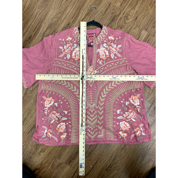 Johnny Was Rianne Floral V Neck Blouse Shirt Pink 100% Linen Size XL - Picture 4 of 4